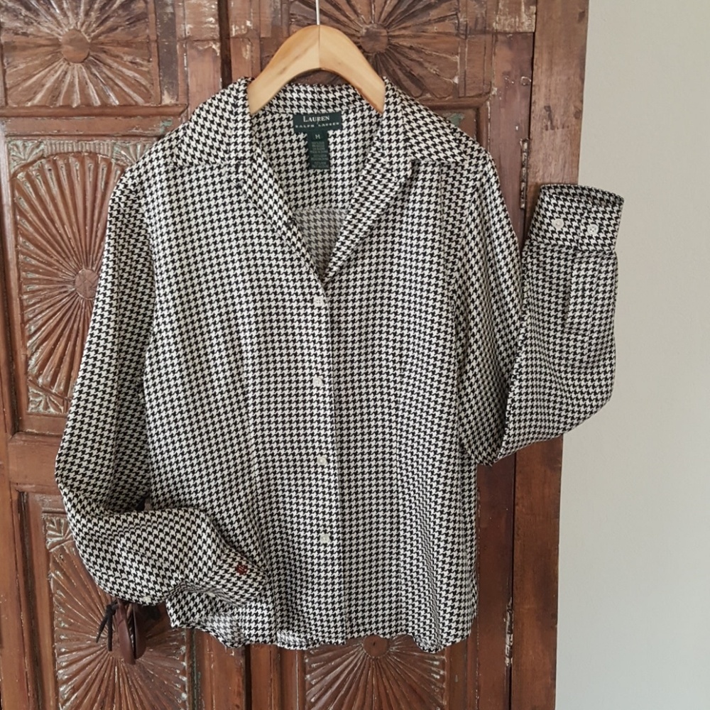 Ralph Lauren 100% SIlk Houndstooth Button Up Top